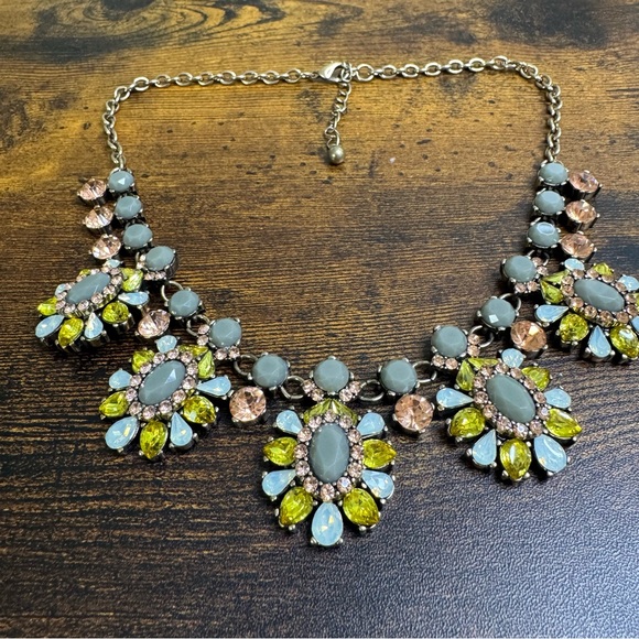 Crystal Bib Necklace Gold Grey Yellow and Opalite Statement Bold Chunky 21 Inch - Picture 9 of 10